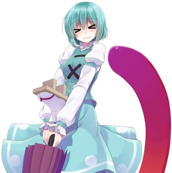  >_< 1girl blue_hair blue_skirt blue_vest blush breasts closed_eyes commentary_request cowboy_shot crote facing_viewer hair_between_eyes hand_up highres holding holding_umbrella karakasa_obake large_variant_set long_sleeves shirt short_hair simple_background skirt skirt_set sleeves_past_wrists solo standing tatara_kogasa tongue tongue_out touhou transparent_background umbrella v-shaped_eyebrows variant_set vest 