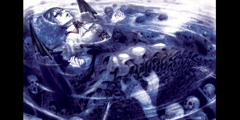  1girl adapted_costume ascot bat_wings blue_hair blue_theme breasts brooch commentary corset fine_art_parody frilled_skirt frills graphite_(medium) hair_between_eyes hane_(azelye) jewelry legs lips looking_up muted_color nose open_mouth ophelia_(painting) parody partially_submerged photoshop_(medium) pillarboxed reaching red_eyes remilia_scarlet ripples short_hair skeleton skirt small_breasts solo too_many too_many_frills touhou traditional_media vampire water wings 