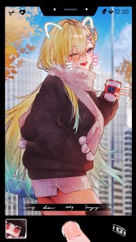  2girls alternate_costume bespectacled black_jacket blonde_hair blue_sky blurry blurry_background breath chisa_(wuthering_waves) comiket_107 commentary_request cup day drawn_ears drawn_whiskers fake_phone_screenshot fake_screenshot fingernails from_side glasses hair_between_eyes hair_ornament hand_in_pocket highres holding holding_cup jacket long_hair looking_at_viewer looking_to_the_side lt26 lynae_(wuthering_waves) multiple_girls one_eye_closed open_mouth outdoors red_nails scarf second-party_source skull_hair_ornament sky smile watermark white_scarf wuthering_waves 