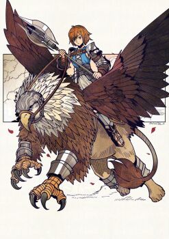  1girl armor artist_name beak bob_cut brown_eyes chimera claws commentary creature cross_of_prontera english_commentary fantasy faulds feathered_wings fran_(unicorn_overlord) greaves griffin hair_between_eyes halberd hashtag-only_commentary herheim highres holding holding_polearm holding_reins holding_weapon lion_tail mixed_limbs monster polearm reins riding short_hair shoulder_armor tail talons tassets unicorn_overlord weapon wings 