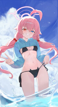  1girl absurdres ahoge bikini black_bikini blue_archive cat_ear_bikini commentary_request hair_bobbles hair_ornament halo heterochromia highres hooded_shrug hoshino_(blue_archive) huge_ahoge lemon.o.zi long_hair low_twintails partially_submerged pink_hair pink_halo shrug_(clothing) side-tie_bikini_bottom smile solo string_bikini swimsuit twintails v 
