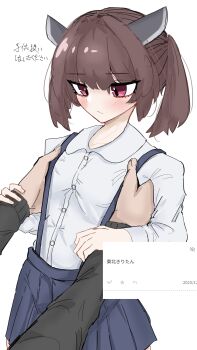  1girl :/ absurdres armpit_carry blush breasts brown_hair collared_shirt commentary_request highres holding_another's_wrist knife_hair_ornament lifting_person red_eyes request_inset sankantu11912 shirt short_twintails size_difference skirt small_breasts suspender_skirt suspenders touhoku_kiritan twintails voiceroid white_background white_shirt 