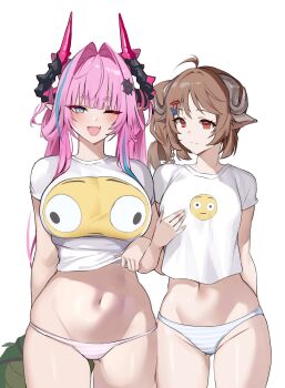  2girls :d :| ;d ahoge alcoholrang alternate_costume animal_ears ardelia_(arknights) arknights arknights:_endfield arm_behind_back black_horns blue_eyes blue_hair blue_pants blush breasts brown_hair brown_horns closed_mouth commentary cowboy_shot crop_top cropped_shirt curled_horns diamond_in_eye dot_nose dragon_girl dragon_horn dragon_horns dragon_tail drill_hair drill_ponytail emoji eyjafjalla_(arknights) fang flat_chest_joke flushed_face_emoji flushed_face_emoji_shirt_(meme) green_tail grey_horns groin hair_intakes hair_on_horn hair_ornament hairclip hand_on_own_chest highres holding holding_shirt holding_unworn_clothes horns impossible_clothes impossible_shirt large_breasts long_hair looking_at_another looking_at_viewer lowleg lowleg_panties medium_hair meme midriff multicolored_hair multicolored_horns multiple_girls navel no_pants one_eye_closed open_mouth panties pants pink_hair pink_horns pink_panties pointy_ears print_shirt red_eyes sheep_ears sheep_girl sheep_horns shirt short_eyebrows short_sleeves side_ponytail simple_background skin_fang small_breasts smile standing stomach streaked_hair striped_clothes striped_panties untranslatable_commentary t-shirt tail taut_clothes taut_shirt tight_clothes tight_shirt two-tone_horns underwear unworn_shirt white_background white_panties white_shirt yvonne_(arknights) 