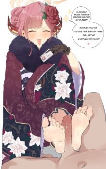  1girl absurdres aru_(blue_archive) aru_(new_year)_(blue_archive) barefoot blue_archive blush closed_eyes clothed_female_nude_male feet footjob highres japanese_clothes kimono long_hair niyoukoso nude open_mouth pink_hair precum soles toes  rating:Explicit score:20 user:ssfl