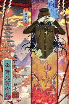  1boy 1girl architecture armband bandaged_hand bandages black_hair black_mask breast_pocket brother_and_sister building collared_jacket covered_mouth covering_face danganronpa_(series) danganronpa_v3:_killing_harmony east_asian_architecture full_moon gakuran ghost haidai_qingtang_(biology447) hat highres jacket long_hair long_sleeves male_focus mask moon mountain mouth_mask one_eye_covered open_mouth own_hands_together pagoda pocket red_armband red_rope rope scenery school_uniform shimenawa shinguji_korekiyo's_sister shinto siblings sidelocks sky smile translation_request tree upper_body yellow_eyes 