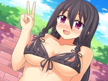  1girl black_bra black_hair bra braid breasts censored convenient_censoring copyright_request female_focus hair_bikini long_hair neri_sachiko nipple_slip nipples outdoors puffy_nipples purple_eyes solo swimsuit underwear upper_body v what 