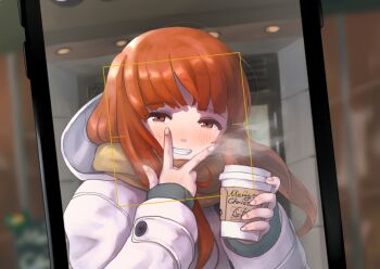  1girl blunt_bangs blurry blurry_background collar commentary cup disposable_coffee_cup disposable_cup english_text fake_phone_screenshot fake_screenshot female_focus girls_und_panzer grin half-closed_eyes holding holding_cup kiya_hajime long_hair looking_at_viewer merry_christmas orange_eyes orange_hair scarf smile solo standing steam takebe_saori v viewfinder white_collar yellow_scarf  rating:Sensitive score:19 user:danbooru