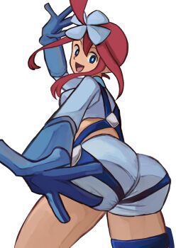  1girl ass blue_eyes breasts dark-skinned_female dark_skin from_behind gloves long_hair looking_back nintendo pokemon pokemon_bw red_hair shorts skyla_(pokemon) suspenders thigh_strap tikuwabu_33 white_background 
