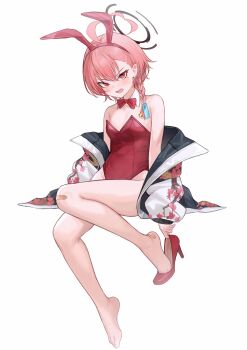  1girl absurdres ahoge animal_ears bandaid bandaid_on_foot bandaid_on_knee bandaid_on_leg bare_legs bare_shoulders barefoot blue_archive blush bow bowtie braid detached_collar earrings extra_ears fake_animal_ears feet full_body hair_between_eyes hairband halo high_heels highres jacket jewelry leotard long_hair long_sleeves looking_at_viewer mole mole_under_eye nagata_gata neru_(blue_archive) neru_(bunny)_(blue_archive) open_clothes open_jacket open_mouth oversized_breast_cup pink_hair playboy_bunny print_jacket putting_on_footwear rabbit_ears red_bow red_bowtie red_eyes red_hairband red_leotard shoe_dangle shoes simple_background single_braid single_shoe solo toes traditional_bowtie v-shaped_eyebrows white_background  rating:Sensitive score:40 user:danbooru