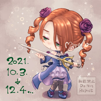  1girl amy_sorel artist_name bare_shoulders blue_dress blue_shoes chibi chibi_only choker dated dress drill_hair fishnet_thighhighs fishnets full_body green_eyes holding holding_sword holding_weapon lace-trimmed_choker lace_trim looking_at_object mary_janes morito_leaf9 orange_hair rapier shoes solo soul_calibur soulcalibur soulcalibur_iii sword thighhighs twin_drills weapon 