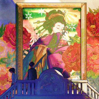  2boys absurdres collared_shirt commentary_request flower formal_clothes geisha hair_ornament hairpin high-waist_pants highres japanese_clothes kimono makeup male_focus marumage mori_hisato multiple_boys nihongami original painting_(object) pants picture_frame portrait_(object) red_flower shirt stairs susohiki suspenders white_facepaint 