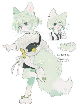  1girl :3 ;d animal_ear_fluff animal_ear_piercing animal_hands black_necktie black_shorts blue_eyes blush bow cat cat_girl commentary commission copyright_request fish_bag flower from_behind furry furry_and_animal furry_female gomafuto green_cat green_fur green_hair highres jacket leg_up looking_at_viewer low_ponytail multiple_views necktie one_eye_closed open_mouth paw_shoes ponytail shoes short_ponytail shorts skeb_commission smile sneakers standing suspenders tail tail_bow tail_flower tail_ornament tie_clip white_jacket white_shoes 