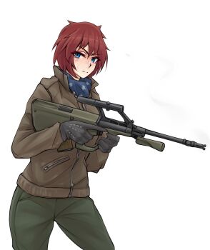 1girl assault_rifle black_gloves blue_eyes brown_jacket bullpup commission commissioner_upload gloves green_pants gun highres holding holding_gun holding_weapon jacket nikoro_(zaihn) non-web_source original pants red_hair rifle short_hair solo steyr_aug sweat weapon zap-nik