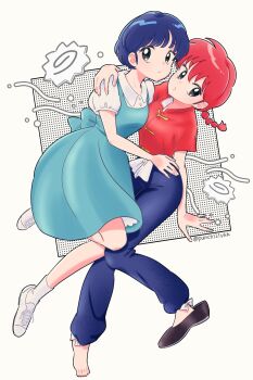  2girls artist_name barefoot braid braided_ponytail breasts chinese_clothes commentary fuurinkan_high_school_uniform highres multiple_girls punch121ykk ranma-chan ranma_1/2 red_hair school_uniform shoes simple_background symbol-only_commentary tangzhuang tendou_akane white_background white_shoes  rating:General score:2 user:danbooru