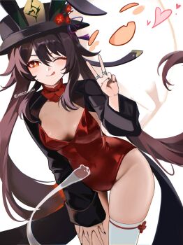  1girl :q animal_ears black_hat black_nails breasts brown_hair commentary ears_through_headwear flower flower-shaped_pupils genshin_impact hat hat_flower heart highres hu_tao_(genshin_impact) jewelry leotard long_hair looking_at_viewer medium_breasts one_eye_closed playboy_bunny plum_blossoms porkpie_hat rabbit_ears red_eyes red_leotard ring shrug_(clothing) single_thighhigh smile solo strapless strapless_leotard sua731281745009 symbol-only_commentary symbol-shaped_pupils thighhighs tongue tongue_out twintails twitter_username v white_thighhighs 