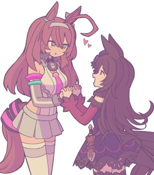  2girls ahoge animal_ears bare_shoulders black_thighhighs blue_dress blue_eyes blue_flower blue_hat blue_rose breasts brown_hair dagger detached_sleeves dress flipped_hair flower grey_hairband grey_leotard grey_skirt grey_sleeves hair_between_eyes hair_over_one_eye hairband hat hat_flower heart highleg highleg_leotard highres holding_hands horse_ears horse_girl horse_tail knife leotard long_hair long_sleeves looking_at_another lowleg lowleg_skirt medium_breasts mihono_bourbon_(mb-19890425)_(umamusume) mihono_bourbon_(umamusume) multiple_girls necktie off-shoulder_dress off_shoulder open_mouth parted_lips pink_necktie pipiikki purple_eyes rice_shower_(rosy_dreams)_(umamusume) rice_shower_(umamusume) rose sheath sheathed silver_hairband simple_background skirt smile tail thighhighs tilted_headwear umamusume weapon white_background white_leotard white_thighhighs yuri 