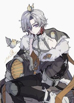  1boy animal animal_on_head animal_on_shoulder bird bird_on_head bird_on_shoulder black_jacket black_pants book closed_mouth colored_inner_hair earrings fur_trim genshin_impact grey_hair hair_between_eyes hashtag-only_commentary helmet highres hikaru002001 illuga_(genshin_impact) jacket jewelry knee_pads looking_at_viewer male_focus mole mole_under_eye multicolored_hair off_shoulder on_head pants purple_eyes red_hair shirt short_hair simple_background single_earring sitting sleeveless sleeveless_shirt solo white_background white_shirt 