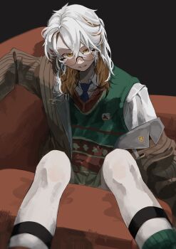  1other absurdres black_background blue_necktie brown_hair brown_jacket clenched_teeth couch feet_out_of_frame glasses green_socks green_vest highres jacket legwear_garter looking_at_viewer medicine_pocket medicine_pocket_(the_cosmos_photographer) medium_hair necktie official_alternate_costume on_couch raysse reverse:1999 shirt sitting sitting_sideways socks solo sweater_vest teeth vest white_hair white_shirt yellow_eyes 