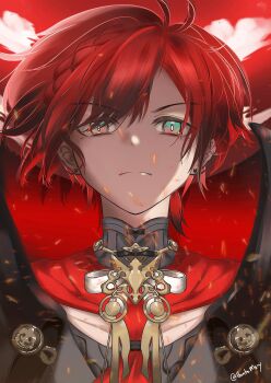  1boy absurdres bishounen black_cape cape closed_mouth ear_piercing green_eyes hair_between_eyes highres holostars holostars_english hontomory jewelry looking_at_viewer machina_x_flayon male_focus necklace piercing portrait red_hair short_hair signature simple_background solo upper_body virtual_youtuber 