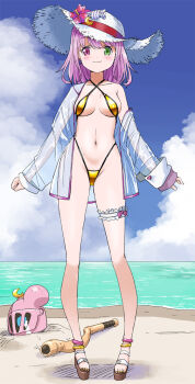  1girl 1other baseball_bat beach bikini breasts cloud feet full_body garter_straps gold_bikini groin hat head_bump helmet heterochromia highres himemori_luna hololive legs luknight_(himemori_luna) micro_bikini navel ocean off_shoulder open_clothes open_shirt pink_hair sandals shio_no.9 shirt short_hair single_garter_strap sky smile standing sun_hat swimsuit thighs toes virtual_youtuber white_hat white_shirt  rating:Sensitive score:20 user:danbooru