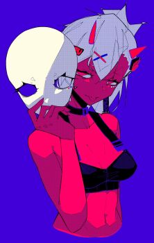  10_4_(10f0ur) 1girl black_bra black_collar blue_background bra breasts cleavage collar collarbone colored_skin commentary english_commentary grey_hair highres holding holding_mask horns indie_virtual_youtuber looking_to_the_side mask unworn_mask medium_breasts midriff navel oni_horns red_eyes red_skin second-party_source solo tongue tongue_out underwear upper_body virtual_youtuber yfu  rating:Sensitive score:12 user:danbooru