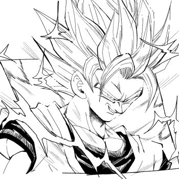  1boy 1rasutotoukou absurdres aura commentary_request dougi dragon_ball dragonball_z electricity greyscale highres medium_hair monochrome muscular muscular_male shirt simple_background smirk solo son_goku spiked_hair super_saiyan super_saiyan_2 upper_body white_background 