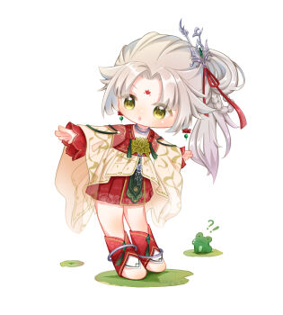  !? 1girl :o absurdres alternate_hair_color animal ankle_ring anklet barefoot_sandals_(jewelry) braid braided_hair_rings brooch chibi chinese_clothes chinese_commentary commentary_request dress earrings eyes_visible_through_hair facial_mark flower flower_brooch flower_earrings flower_facial_mark flower_symbol forehead_mark frog green_eyes green_flower hair_rings highres infinity_nikki jewelry layered_sleeves lily_pad long_hair long_sleeves looking_to_the_side lotus lotus_heart_(infinity_nikki) necklace nikki_(series) official_alternate_color open_mouth parted_bangs pleated_dress print_robe red_dress red_flower robe shenqi_tuoxie_zai_nali short_dress side_ponytail simple_background sleeves_past_wrists solo tareme white_background white_robe wide_sleeves 