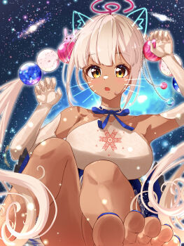  1girl absurdres animal_ears barefoot blue_nails breasts cat_ears commentary_request dark-skinned_female dark_skin dress elbow_gloves fake_animal_ears fake_whiskers feet foot_focus gloves hair_ornament highres hololive hololive_english large_breasts long_hair looking_at_viewer nail_polish open_mouth planet_hair_ornament solo space toenail_polish toenails toes tsukumo_sana tsukumo_sana_(1st_costume) twintails u_da_desu very_long_hair virtual_youtuber whiskers white_dress white_gloves yellow_eyes 
