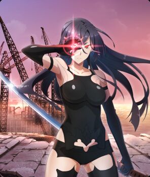  1girl a2_(nier:automata) a2_(nier:automata)_(cosplay) android arm_up armpits bare_shoulders black_gloves black_hair black_shirt black_shorts black_thighhighs breasts brown_eyes collarbone cosplay cowboy_shot diffraction_spikes elbow_gloves game_cg glint gloves glowing glowing_eye hair_between_eyes holding holding_sword holding_weapon horizon katana large_breasts long_hair looking_at_viewer midriff_peek nier:automata nier_(series) ocean official_art origami_yukari outdoors purple_sky ruins shirt short_shorts shorts skin_tight sky solo sword thighhighs third-party_source toji_no_miko toji_no_miko:_kizamishi_issen_no_tomoshibi very_long_hair weapon 