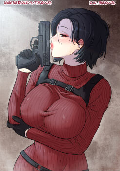  1girl ada_wong arm_under_breasts artist_name black_gloves black_hair breasts brown_background commentary covered_erect_nipples dress english_commentary gloves gun gurinsensei handgun holding holding_gun holding_weapon large_breasts long_sleeves looking_at_viewer patreon_username puckered_lips red_eyes red_sweater resident_evil resident_evil_4 short_hair sideways_glance solo sweater sweater_dress trigger_discipline twitter_username twitter_x_logo upper_body weapon 