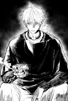  1boy absurdres arm_tattoo black_nails black_shirt choker cigarette earrings enjin_(gachiakuta) gachiakuta greyscale hair_between_eyes hashtag-only_commentary hatching_(texture) highres holding holding_cigarette jewelry male_focus monochrome nail_polish parted_lips ring shirt short_hair sitting smoke smoking solo spendthesummer tattoo twitter_username upper_body 