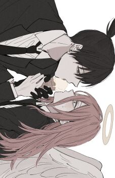  2boys angel_devil_(chainsaw_man) angel_wings black_gloves black_necktie blush chainsaw_man collared_shirt commentary_request gloves halo hayakawa_aki highres holding holding_ice_cream_cone ice_cream_cone jacket lapels layered_sleeves licking long_hair male_focus multiple_boys necktie notched_lapels open_clothes open_collar open_jacket open_mouth parted_bangs ponytail sexually_suggestive shirt short_ponytail sideways simple_background suit_jacket vivivibbi white_background white_shirt white_wings wide-eyed wings yaoi 