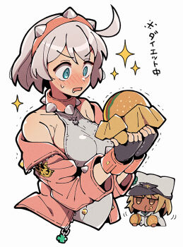  2girls @_@ bare_shoulders black_gloves blue_eyes blush breasts burger choppy_bangs commentary_request cropped_torso eating elphelt_valentine fingerless_gloves food gloves grey_hair grey_leotard guilty_gear guilty_gear_strive hairband holding holding_burger holding_food itsuka_neru jacket jacket_partially_removed large_breasts leotard long_sleeves looking_at_food multiple_girls open_mouth pink_hairband pink_jacket ramlethal_valentine short_hair simple_background solo_focus sparkle spiked_hairband spikes translation_request v-shaped_eyebrows white_background 