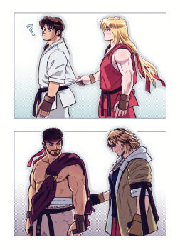  2boys ? absurdres beard beard_stubble belt bilingual_commentary black_belt black_shirt blonde_hair border brown_gloves brown_hair brown_jacket closed_mouth clothes_grab commentary dougi english_commentary facial_hair fingerless_gloves gloves hair_ribbon headband highres jacket ken_masters long_hair looking_back looking_down looking_to_the_side male_focus medium_hair mixed-language_commentary multiple_boys muscular muscular_male nipples o-ring pants pectorals red_dougi red_headband red_pants red_ribbon ribbon ryu_(street_fighter) sash shirt shirt_grab short_hair sideways_glance sleeveless sleeveless_shirt street_fighter street_fighter_6 street_fighter_zero_(series) stubble topless_male trecomics white_border white_dougi white_pants 