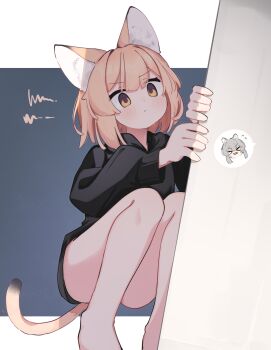  >_< 2girls :t animal_ear_fluff animal_ears barefoot black_hoodie blush brown_eyes brown_hair cat_ears cat_girl cat_tail closed_eyes closed_mouth commentary convenient_leg flying_sweatdrops grey_hair highres hood hood_down hoodie long_sleeves multiple_girls original pout puffy_long_sleeves puffy_sleeves riya_(01214) solo_focus squatting squiggle symbol-only_commentary tail v-shaped_eyebrows 