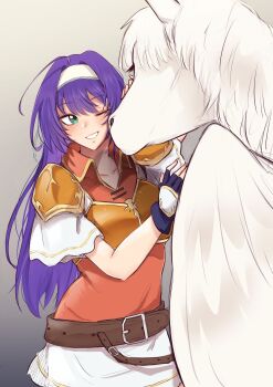  1girl armor belt blush breastplate breasts brown_belt collarbone commentary english_commentary fingerless_gloves fire_emblem fire_emblem:_path_of_radiance fire_emblem:_radiant_dawn fire_emblem_heroes gloves green_eyes grin hairband headband highres long_hair medium_breasts mia_(fire_emblem) mia_(zenith_challenger)_(fire_emblem) nintendo official_alternate_costume one_eye_closed open_mouth orange_shirt pegasus purple_hair shirt short_sleeves shoulder_armor simple_background skirt smile solo vialnite white_hairband white_headband white_shirt white_skirt 