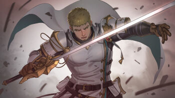  1boy absurdres armor bara beard belt blonde_hair cape chinstrap_beard commentary_request covered_pectorals facial_hair floating_cape frederick_(norn's_dine) frown gloves green_eyes highres holding holding_sword holding_weapon leather leather_gloves looking_to_the_side male_focus muscular muscular_male mya-zawa norn's_dine open_mouth pectorals shoulder_armor solo sword weapon white_cape 