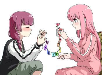 2girls black_jacket black_nails blue_eyes blush bocchi_the_rock! braid castle_of_cagliostro closed_eyes dress fingernails from_side furrowed_brow gotoh_hitori green_dress hair_over_shoulder hiroi_kikuri jacket long_hair long_sleeves low-braided_long_hair low-tied_long_hair lupin_iii medium_dress multicolored_jacket multiple_girls nail_polish nose_blush open_clothes open_jacket open_mouth parody pink_hair pink_track_suit sideways_mouth simple_background torako_(toramaru) track_suit twitter_username two-tone_jacket watermark white_background white_jacket