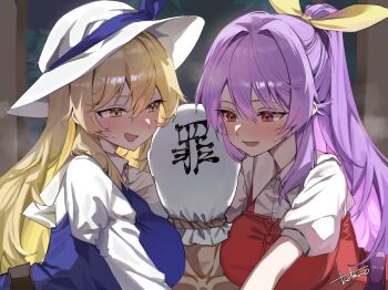  1boy 2girls blonde_hair blue_dress blush breasts collared_shirt commentary_request dress hair_between_eyes hat highres large_breasts long_hair long_sleeves looking_at_another multiple_girls parted_lips person_between_breasts ponytail purple_hair red_dress red_eyes ribbon shirt short_sleeves siblings signature sin_sack steam sweatdrop tadano1129 touhou watatsuki_no_toyohime watatsuki_no_yorihime white_shirt yellow_eyes yellow_ribbon 