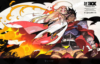  1boy 1girl ahoge armor belt black_gloves black_hair black_jacket blonde_hair breastplate bright_pupils brown_belt brown_eyes brown_hair brown_pants cape clenched_hand cloak closed_mouth commentary_request cowboy_shot dark-skinned_male dark_skin embers fiery_hair fire forbartz_xylo gloves hair_between_eyes hair_ornament highres huge_ahoge jacket lifting_person long_hair looking_at_viewer max801115 pants parted_bangs pauldrons red_cape red_eyes shoes shoulder_armor spiked_hair standing teoritta thigh_belt thigh_strap twitter_username very_long_hair white_belt white_cloak white_pupils white_shoes yuushakei_ni_shosu 