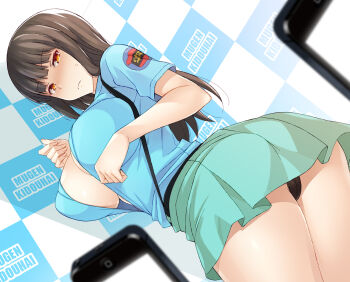  1girl aoshidan_(emblem) aoshidan_school_uniform ass black_hair black_panties blush breasts cameltoe cleavage closed_mouth female_focus girls_und_panzer green_skirt highres large_breasts long_hair looking_at_viewer looking_down mature_female nakamura_yukitoshi nishizumi_shiho no_bra open_clothes orange_eyes panties pantyshot pleated_skirt school_uniform skirt solo standing sweat underwear  rating:Questionable score:38 user:danbooru