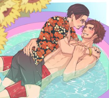  2boys black_nails blush brown_hair commentary_request earrings floral_print flower grey_shorts grin hair_slicked_back hawaiian_shirt hibiscus_print jewelry kasuga_ichiban lying male_focus male_swimwear mature_male multiple_boys on_back open_clothes open_shirt pectorals red_male_swimwear red_swim_trunks round_eyewear ryuu_ga_gotoku_(series) ryuu_ga_gotoku_7 shirt shorts smile sunflower swim_trunks tinted_eyewear topless_male undercut yaoi yellow_flower yuuri_(yuri83) zhao_tianyou 