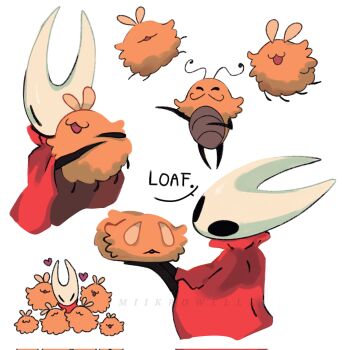  1girl :3 antennae arthropod_girl artist_name black_eyes black_skin brown_fur cloak closed_eyes colored_skin english_text facial_hair flea_(hollow_knight) fleamaster_mooshka_(hollow_knight) fluffy heart highres hollow_eyes hollow_knight hollow_knight:_silksong horned_mask hornet_(hollow_knight) horns hug mask miikrowelle mustache open_mouth red_cloak white_mask 