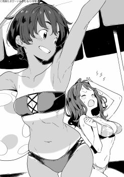  2girls absurdres arm_above_head armpits ball beach_umbrella beachball bikini blush breasts cleavage closed_eyes collarbone dark-skinned_female dark_skin greyscale hand_on_own_forehead hand_on_own_head highres holding holding_ball holding_beachball imigimuru looking_at_another make_heroine_ga_oo_sugiru! medium_breasts medium_hair monochrome multiple_girls navel novel_illustration official_art open_mouth second-party_source short_hair sitting small_breasts smile strapless strapless_bikini sweat sweatdrop swimsuit tan tanline teeth toned toned_female umbrella yakishio_lemon yanami_anna 