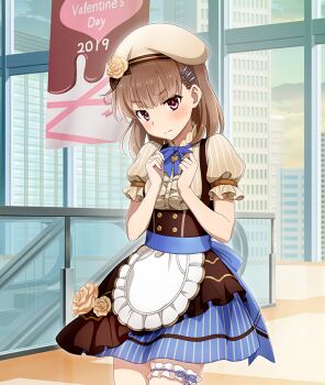  1girl 2019 adjusting_bowtie apron beret blue_bow blue_bowtie blue_ribbon blue_skirt blue_sky blush bow bowtie breasts brown_dress brown_hair brown_hat brown_skirt building buttons cityscape closed_mouth cloud cowboy_shot dot_nose double-breasted dress english_text escalator flower frilled_thigh_strap game_cg gradient_sky hair_ornament hairclip hands_up hat hat_flower heart_pendant indoors layered_skirt looking_at_viewer medium_hair mizushina_waka morning official_art pink_eyes pinstripe_dress pinstripe_pattern pinstripe_skirt puffy_short_sleeves puffy_sleeves ribbon rose short_sleeves sign skirt sky skyscraper small_breasts solo striped_clothes striped_dress striped_skirt thigh_strap third-party_source toji_no_miko toji_no_miko:_kizamishi_issen_no_tomoshibi underbust valentine vertical-striped_clothes vertical-striped_dress vertical-striped_skirt waist_apron waist_ribbon white_apron yellow_flower yellow_rose yellow_sky 