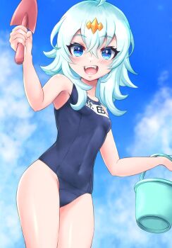  1girl aqua_hair blue_hair blue_sky breasts bucket cloud cloudy_sky commentary_request covered_navel dragon_musume_ni_naritakunai! duel_masters fangs from_below hair_between_eyes hair_ornament highres holding holding_bucket holding_shovel kumada_suzu long_hair looking_at_viewer musan_(mu34mi) name_tag old_school_swimsuit open_mouth school_swimsuit shovel sky small_breasts solo swimsuit teeth upper_teeth_only 