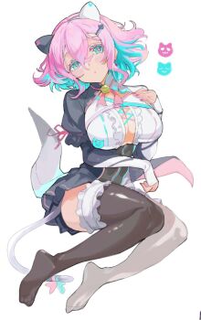  1girl animal_ears black_dress blue_eyes blue_hair blush breasts brown_thighhighs center_opening cleavage colored_inner_hair dress frills large_breasts long_sleeves looking_at_viewer multicolored_hair original pink_hair sharekoube short_dress short_hair solo tail thighhighs 