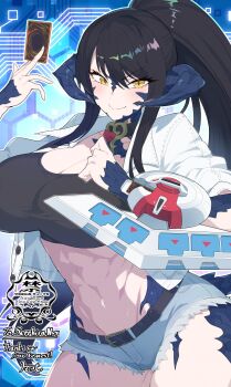  abs black_tube_top blue_horns blue_jacket blue_shorts breasts card cleavage commission cowboy_shot denim denim_shorts duel_disk high_ponytail highres holding holding_card horns jacket large_breasts matsumoto_tomoyohi muscular muscular_female open_clothes open_jacket original ponytail sapphira_nyx short_shorts shorts skeb_commission strapless trading_card tube_top white_jacket yellow_eyes yu-gi-oh! yu-gi-oh!_duel_monsters 