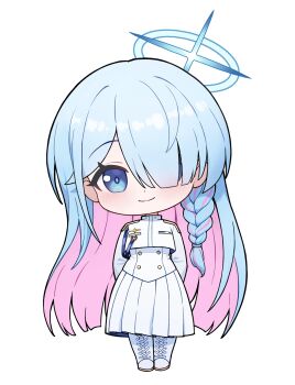  1girl aqua_hair aqua_halo aqua_pupils blue_archive blue_eyes blush boots braid buttons chibi chibi_only closed_mouth colored_inner_hair dot_nose double-breasted full_body general_student_council_president_(blue_archive) hair_over_one_eye halo high-waist_skirt highres jacket lace-up_boots long_hair long_sleeves looking_at_viewer making-of_available multicolored_hair one_eye_covered pink_hair pleated_skirt side_braid simple_background single_braid skirt smile solo standing straight-on tfg. transparent_background two-tone_hair very_long_hair white_boots white_jacket white_skirt 