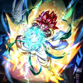  absurdres aura blue_sash dougi dragon_ball dragon_ball_gt dragon_ball_legends electricity full_body gogeta goldie8210 highres long_hair male_focus monkey_boy monkey_tail muscular muscular_male no_nipples omega_shenron pants pectorals red_fur saiyan sash spiked_hair super_saiyan super_saiyan_4 tail 